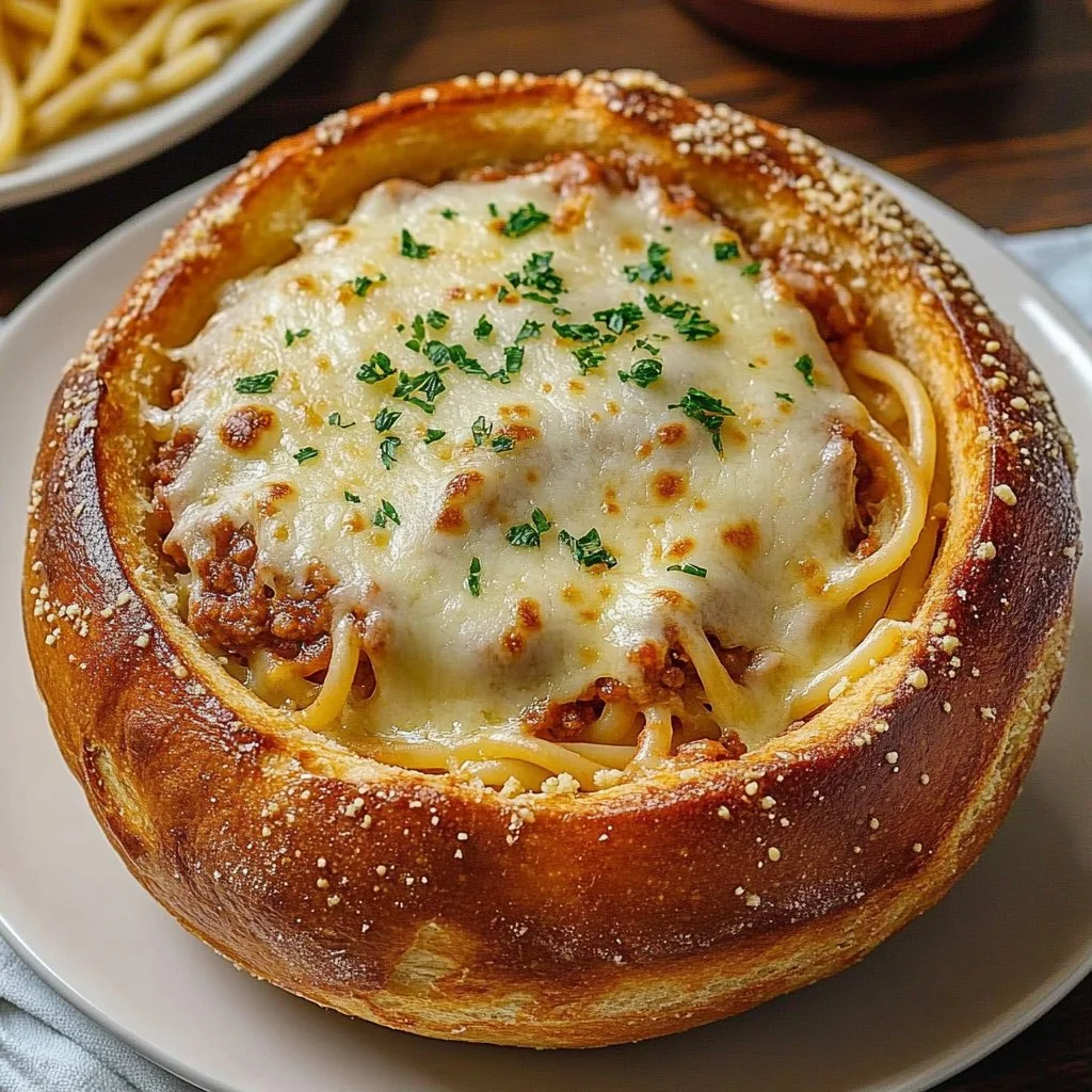 Garlic Bread Bowls with Spaghetti Filling
