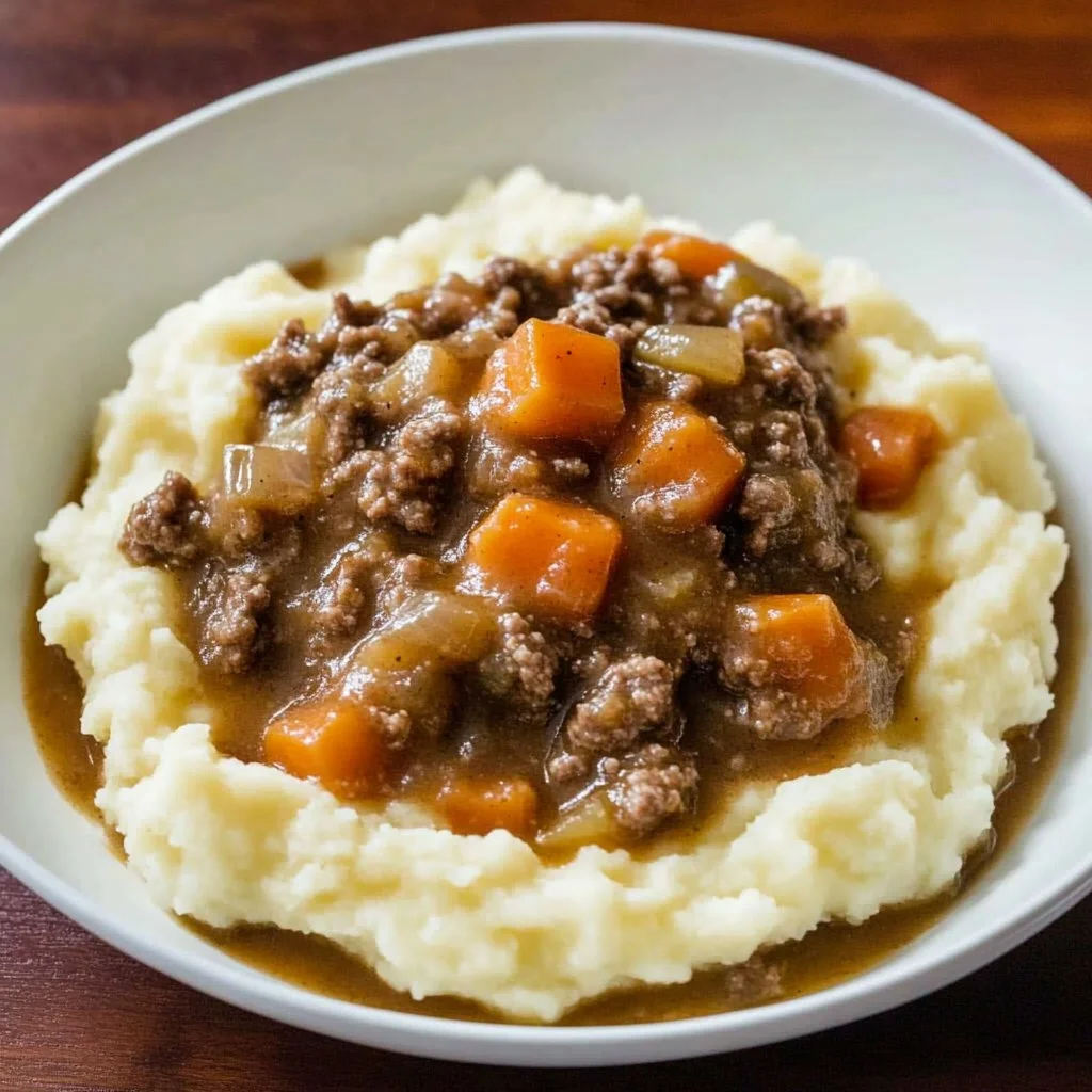 Ground Beef and Gravy Over Mashed Potatoes