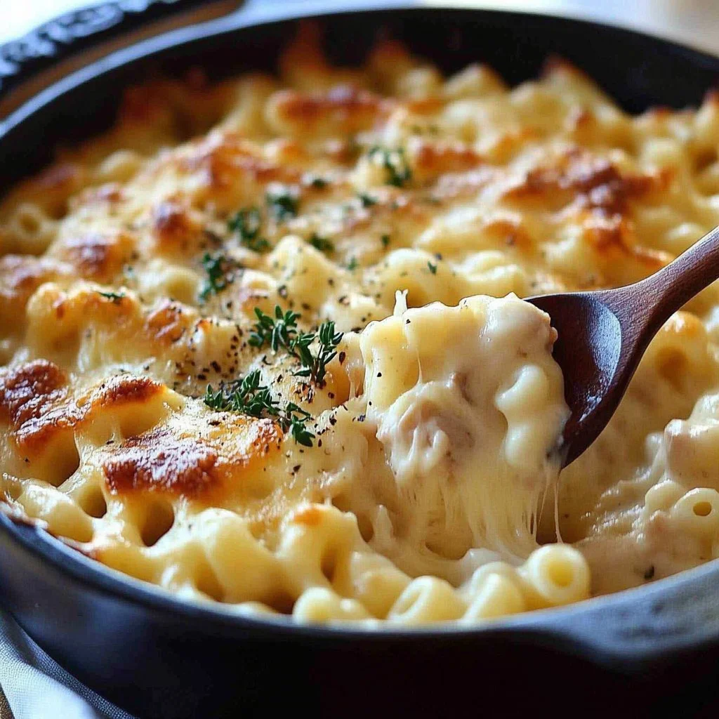 Mac and Cheese with Caramelized Onions and Chicken