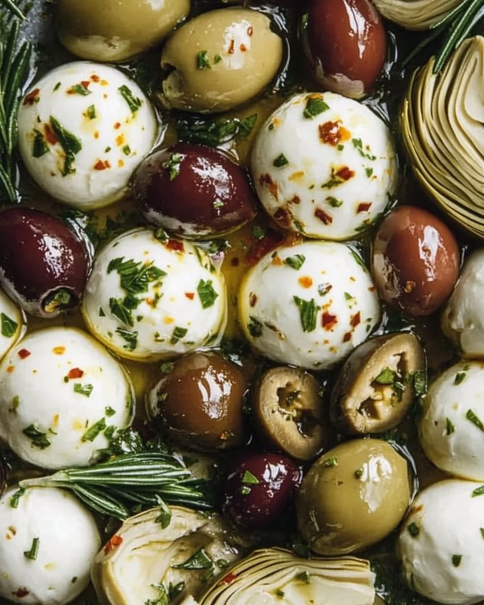 Marinated Mozzarella Balls, Artichokes, and Olives