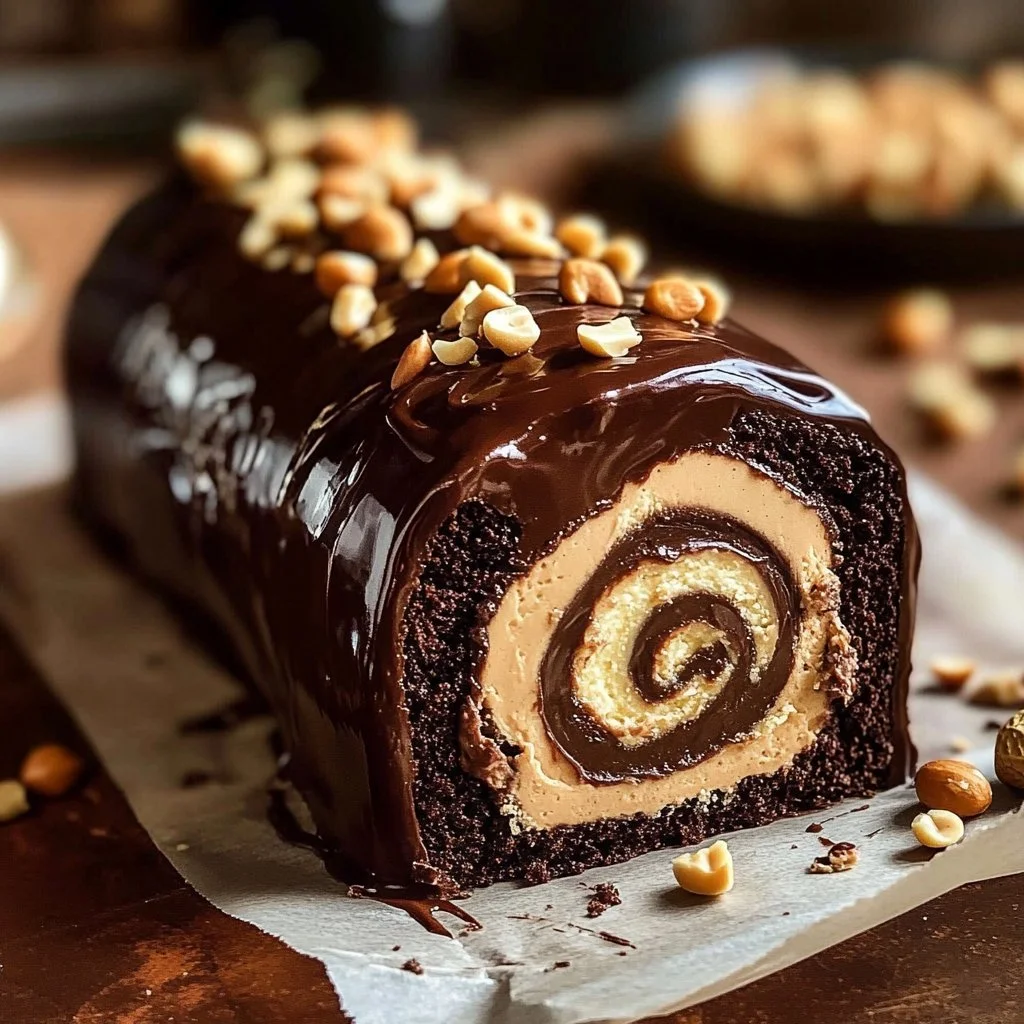 Chocolate Peanut Butter Cake Roll with creamy filling and chocolate glaze