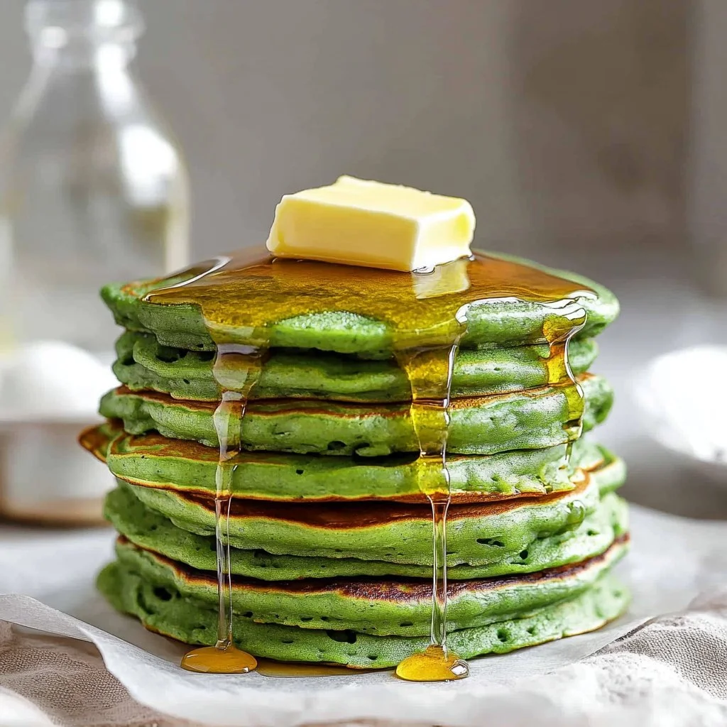 Plate of easy banana spinach pancakes topped with fresh fruit and syrup