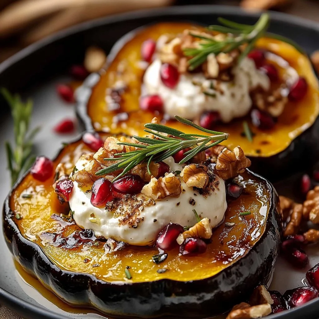 Honey-Glazed Acorn Squash with Creamy Goat Cheese and Cranberry Drizzle