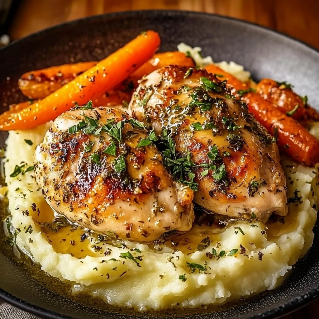 Garlic Herb Chicken with Creamy Mash & Roasted Carrots