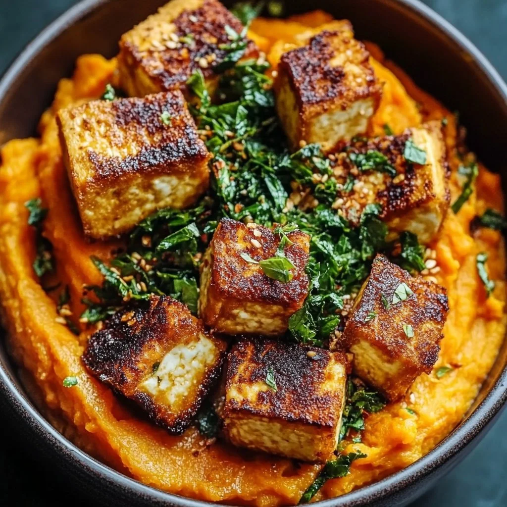 Maple Miso Sweet Potatoes with Cornmeal Tofu and Marinated Kale