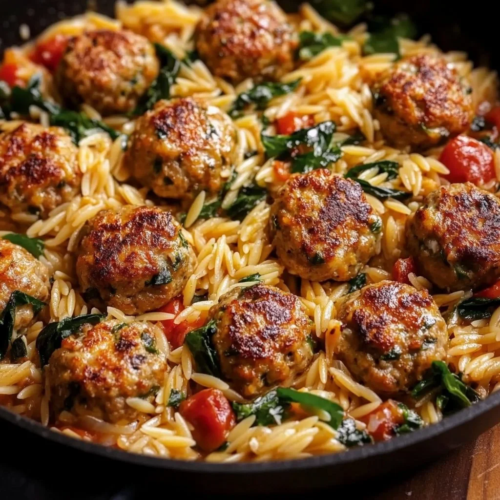 One Pan Tuscan Chicken Meatballs and Orzo